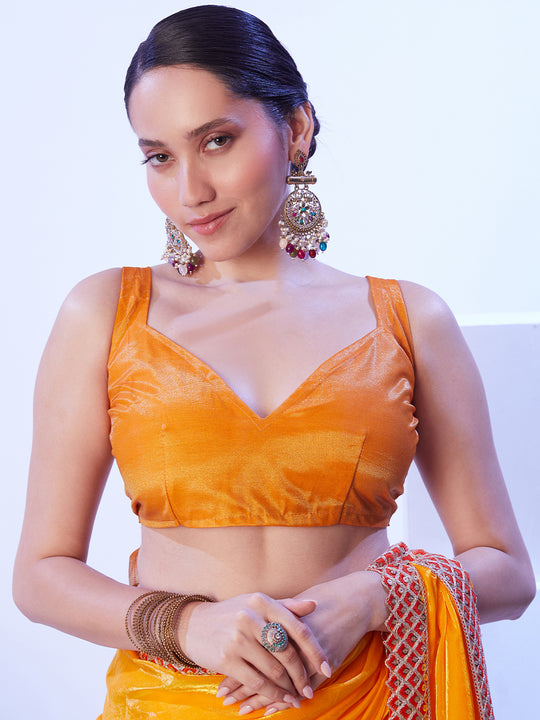 Yellow Embroidered Lace Satin Saree