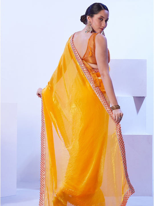 Yellow Embroidered Lace Satin Saree