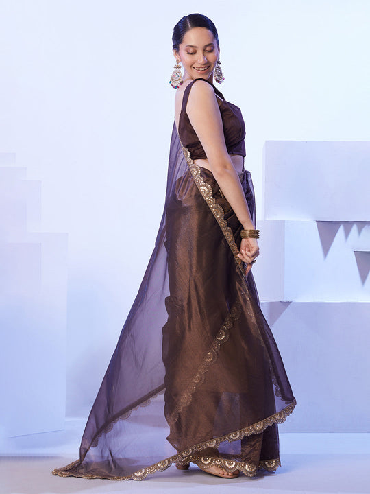 Brown Heavy Super Net With Designer Lace And Unstitched Blouse