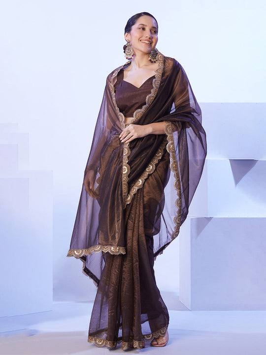 Brown Heavy Super Net With Designer Lace And Unstitched Blouse