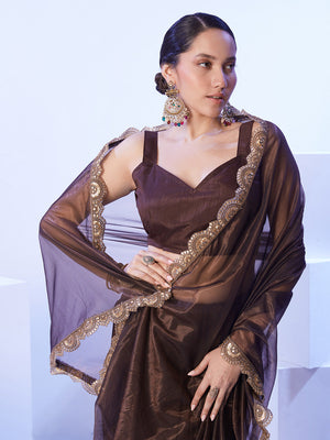 Brown Heavy Super Net With Designer Lace And Unstitched Blouse