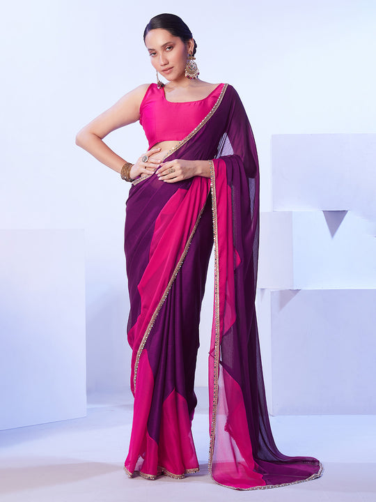 Magenta Satin Moss Colorblocked Designer Saree With Unstitched Blouse