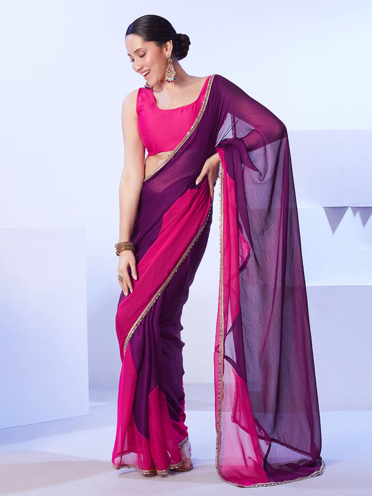 Magenta Satin Moss Colorblocked Designer Saree With Unstitched Blouse
