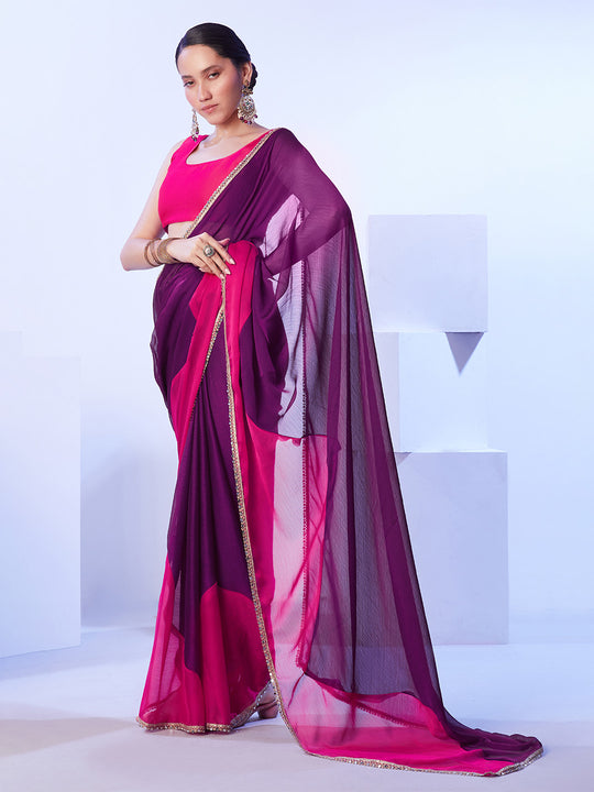 Magenta Satin Moss Colorblocked Designer Saree With Unstitched Blouse
