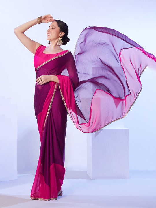Magenta Satin Moss Colorblocked Designer Saree With Unstitched Blouse