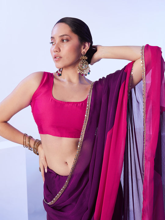 Magenta Satin Moss Colorblocked Designer Saree With Unstitched Blouse