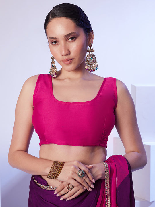 Magenta Satin Moss Colorblocked Designer Saree With Unstitched Blouse