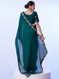 Green Embellished Embroidered Pure Chiffon Saree With Stitched Blouse