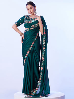Green Embellished Embroidered Pure Chiffon Saree With Stitched Blouse