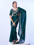 Green Embellished Embroidered Pure Chiffon Saree With Stitched Blouse