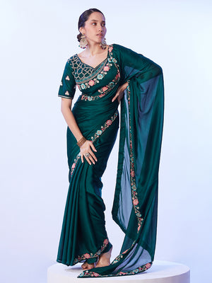 Green Embellished Embroidered Pure Chiffon Saree With Stitched Blouse