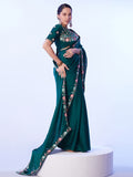 Green Embellished Embroidered Pure Chiffon Saree With Stitched Blouse