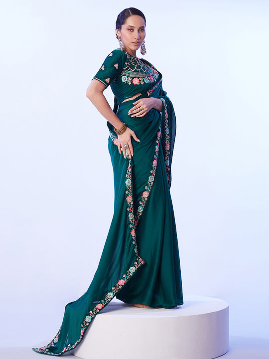 Green Embellished Embroidered Pure Chiffon Saree With Stitched Blouse