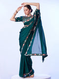 Green Embellished Embroidered Pure Chiffon Saree With Stitched Blouse