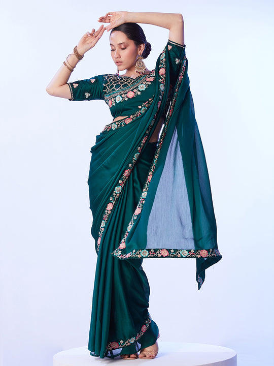 Green Embellished Embroidered Pure Chiffon Saree With Stitched Blouse