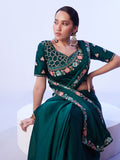 Green Embellished Embroidered Pure Chiffon Saree With Stitched Blouse