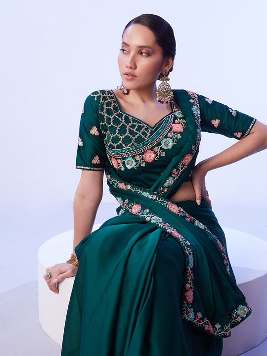 Green Embellished Embroidered Pure Chiffon Saree With Stitched Blouse