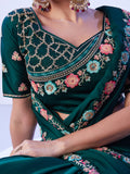 Green Embellished Embroidered Pure Chiffon Saree With Stitched Blouse