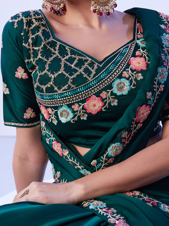 Green Embellished Embroidered Pure Chiffon Saree With Stitched Blouse