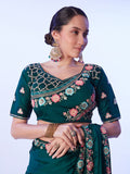 Green Embellished Embroidered Pure Chiffon Saree With Stitched Blouse