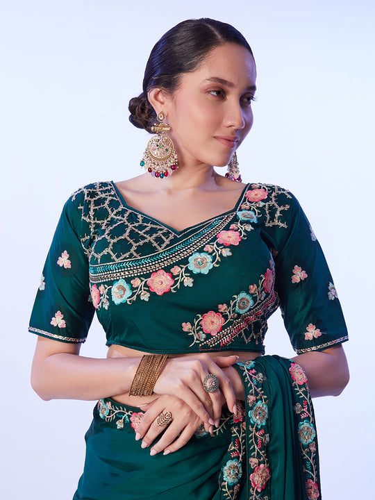 Green Embellished Embroidered Pure Chiffon Saree With Stitched Blouse