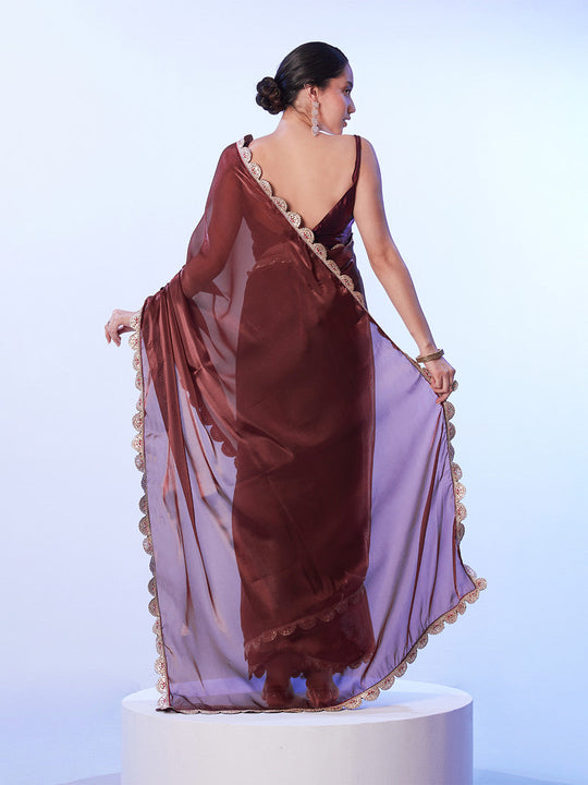 Brown Satin Saree With Designer Lace And Unstitched Blouse