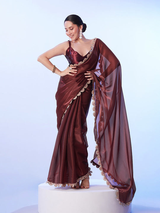 Brown Satin Saree With Designer Lace And Unstitched Blouse