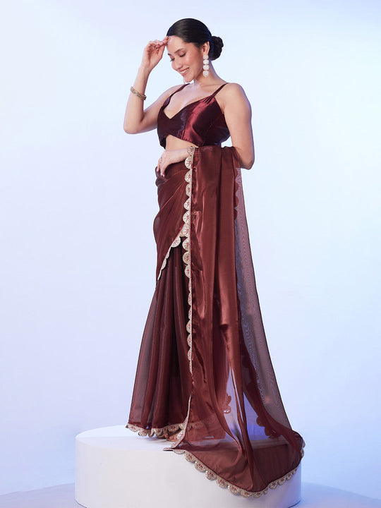 Brown Satin Saree With Designer Lace And Unstitched Blouse