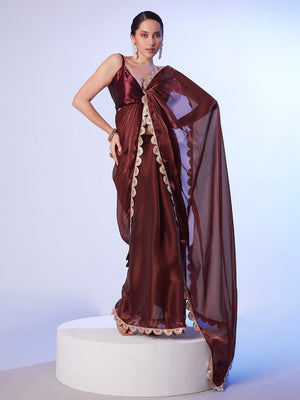 Brown Satin Saree With Designer Lace And Unstitched Blouse
