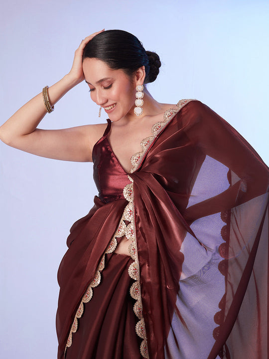 Brown Satin Saree With Designer Lace And Unstitched Blouse