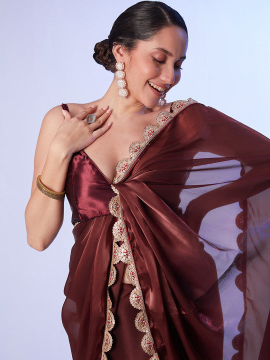 Brown Satin Saree With Designer Lace And Unstitched Blouse