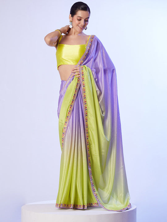 Multicolor Chinon Digital Printed Saree With Designer Lace And Unstitched Blouse