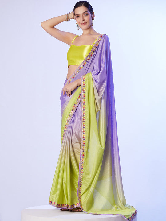 Multicolor Chinon Digital Printed Saree With Designer Lace And Unstitched Blouse