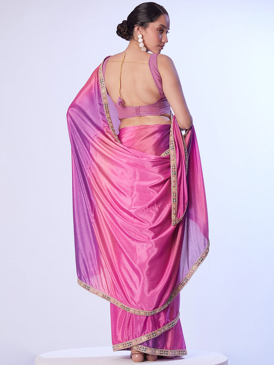 Purple & Pink Chinon Digital Printed Saree With Designer Lace And Unstitched Blouse