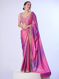 Purple & Pink Chinon Digital Printed Saree With Designer Lace And Unstitched Blouse