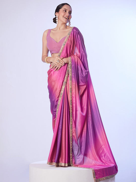 Purple & Pink Chinon Digital Printed Saree With Designer Lace And Unstitched Blouse