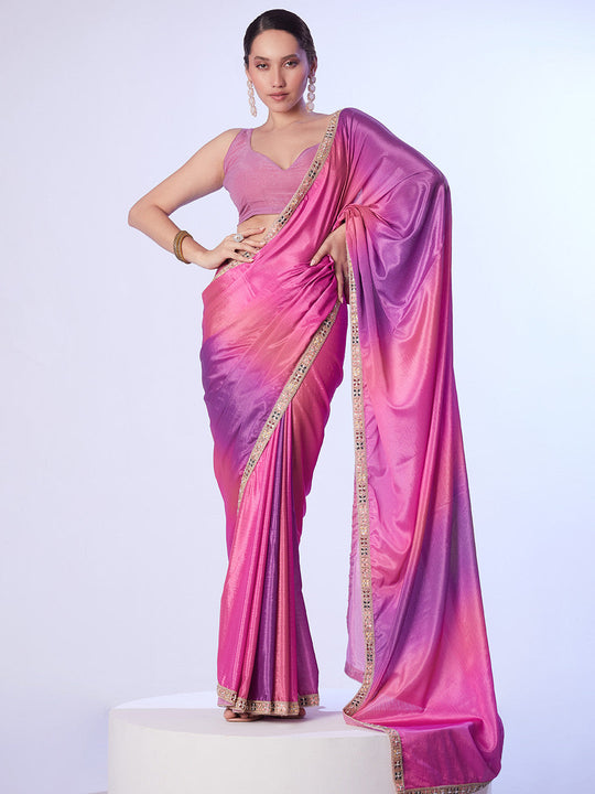 Purple & Pink Chinon Digital Printed Saree With Designer Lace And Unstitched Blouse