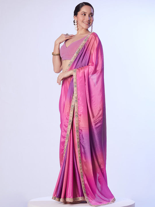 Purple & Pink Chinon Digital Printed Saree With Designer Lace And Unstitched Blouse