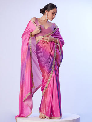 Purple & Pink Chinon Digital Printed Saree With Designer Lace And Unstitched Blouse