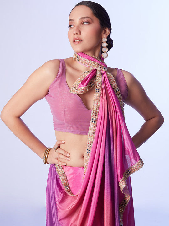 Purple & Pink Chinon Digital Printed Saree With Designer Lace And Unstitched Blouse
