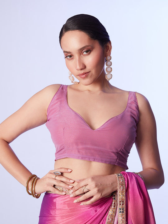 Purple & Pink Chinon Digital Printed Saree With Designer Lace And Unstitched Blouse