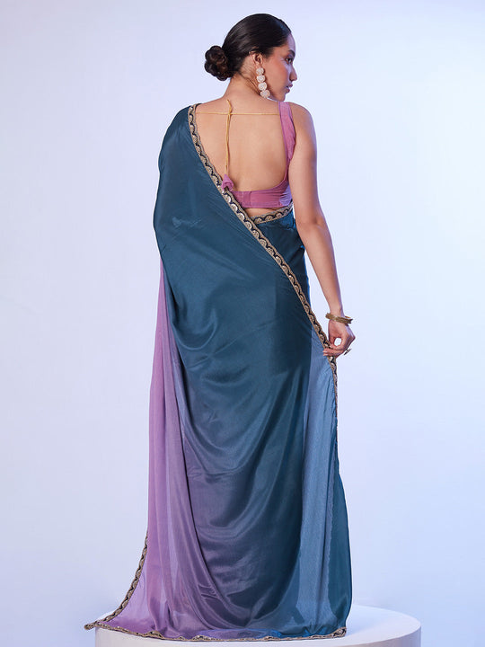 Multicolor Chinon Digital Printed Saree With Designer Lace And Unstitched Blouse