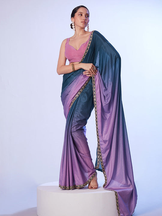 Multicolor Chinon Digital Printed Saree With Designer Lace And Unstitched Blouse