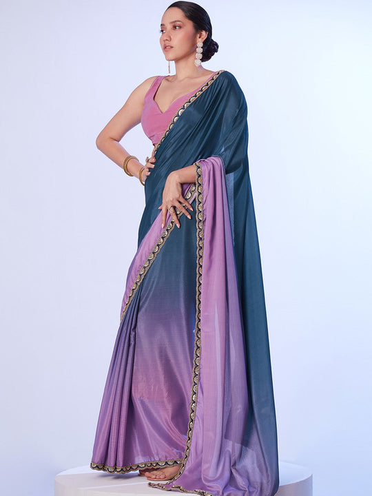 Multicolor Chinon Digital Printed Saree With Designer Lace And Unstitched Blouse