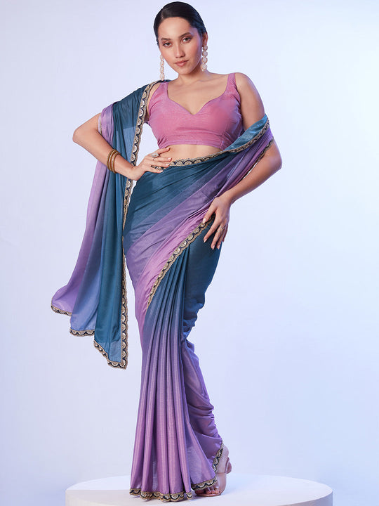 Multicolor Chinon Digital Printed Saree With Designer Lace And Unstitched Blouse