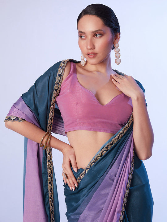 Multicolor Chinon Digital Printed Saree With Designer Lace And Unstitched Blouse