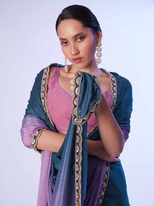 Multicolor Chinon Digital Printed Saree With Designer Lace And Unstitched Blouse