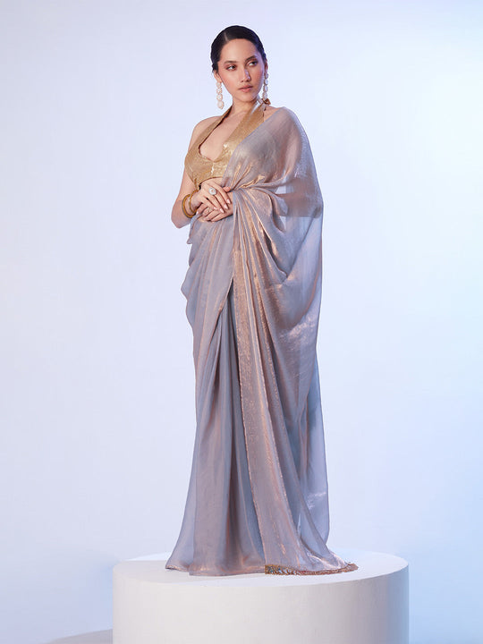 Grey Ready To Wear Organza Saree With Designer Lace And Unstitched Blouse