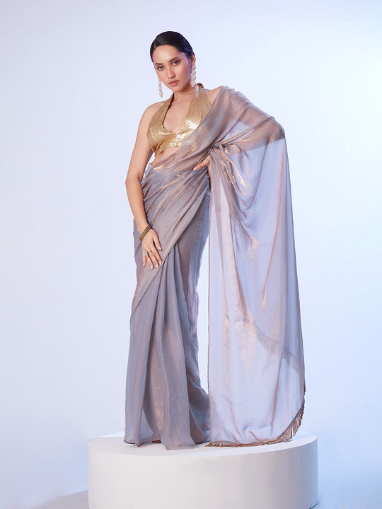 Grey Ready To Wear Organza Saree With Designer Lace And Unstitched Blouse