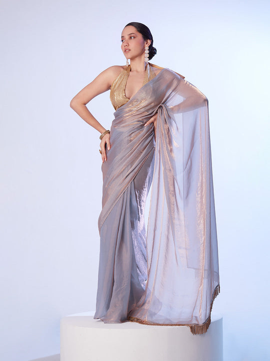 Grey Ready To Wear Organza Saree With Designer Lace And Unstitched Blouse